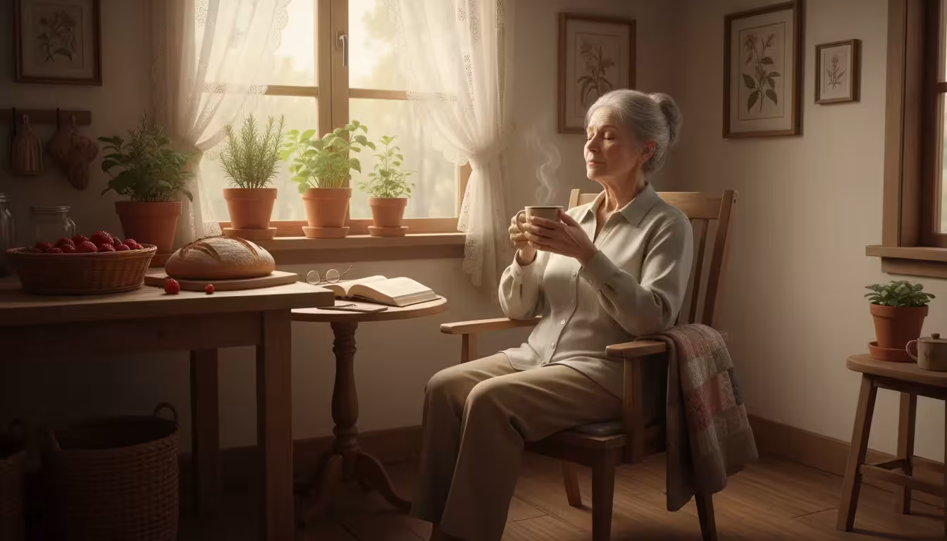 An older woman with silver hair sits in a wooden chair, eyes closed, holding a warm mug. Chopped vegetables rest on a kitchen counter in the backgroun