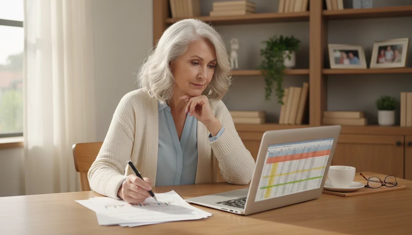 Older woman, 70s, with silver hair, sits at a wooden desk, comparing a paper financial statement to a laptop screen in a sunlit home office.