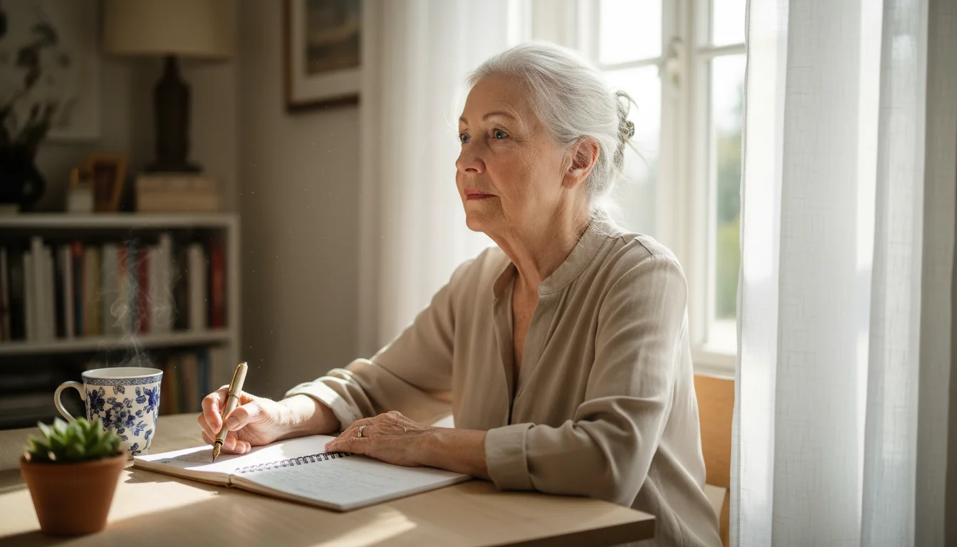 An older woman with silver hair sits at a wooden desk with a notebook, looking thoughtfully out a window in a sunny room.
