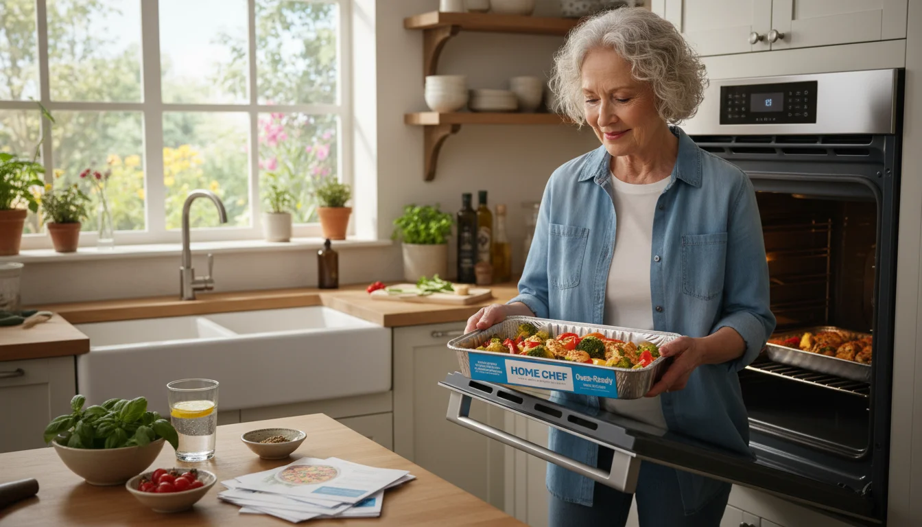 An older woman with silver hair carefully slides a Home Chef oven-ready meal tray into a kitchen oven. She looks content.
