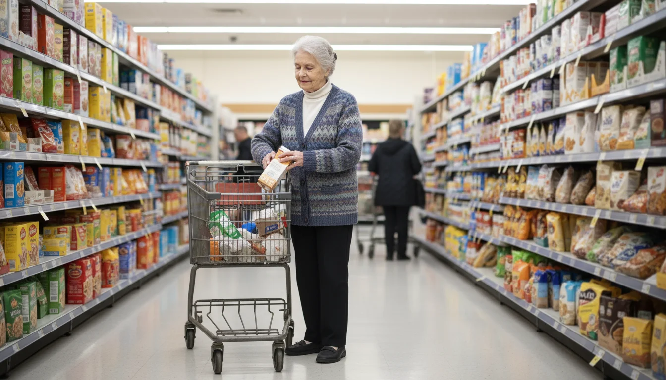 An older woman with silver hair stands by her grocery cart, holding milk and looking thoughtfully at the items inside her cart.