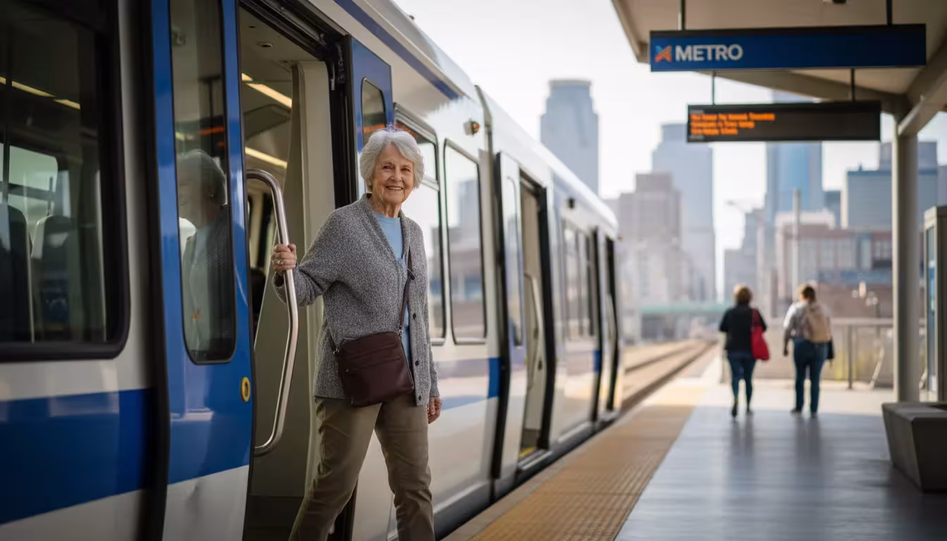An older woman with silver hair steps onto a light rail train at a clean station platform with a city skyline in the background.