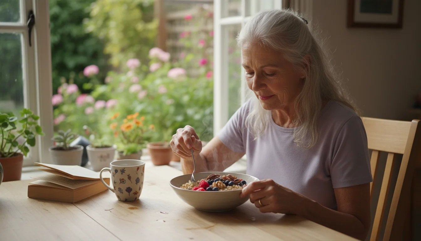 An older woman with silver hair gently stirring a bowl of healthy oatmeal with berries and nuts at her kitchen table in soft morning light.