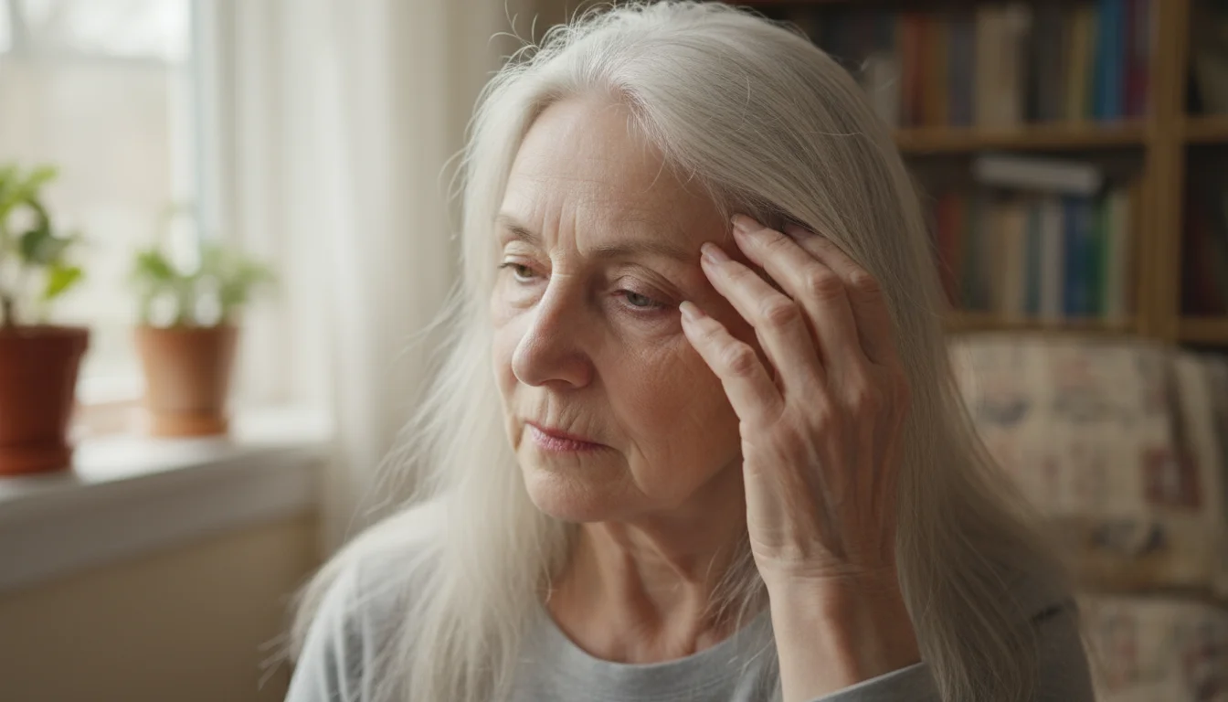 Older woman with silver hair gently touches her dull, brittle-looking hair; her pale skin and brittle nails are visible in natural light.