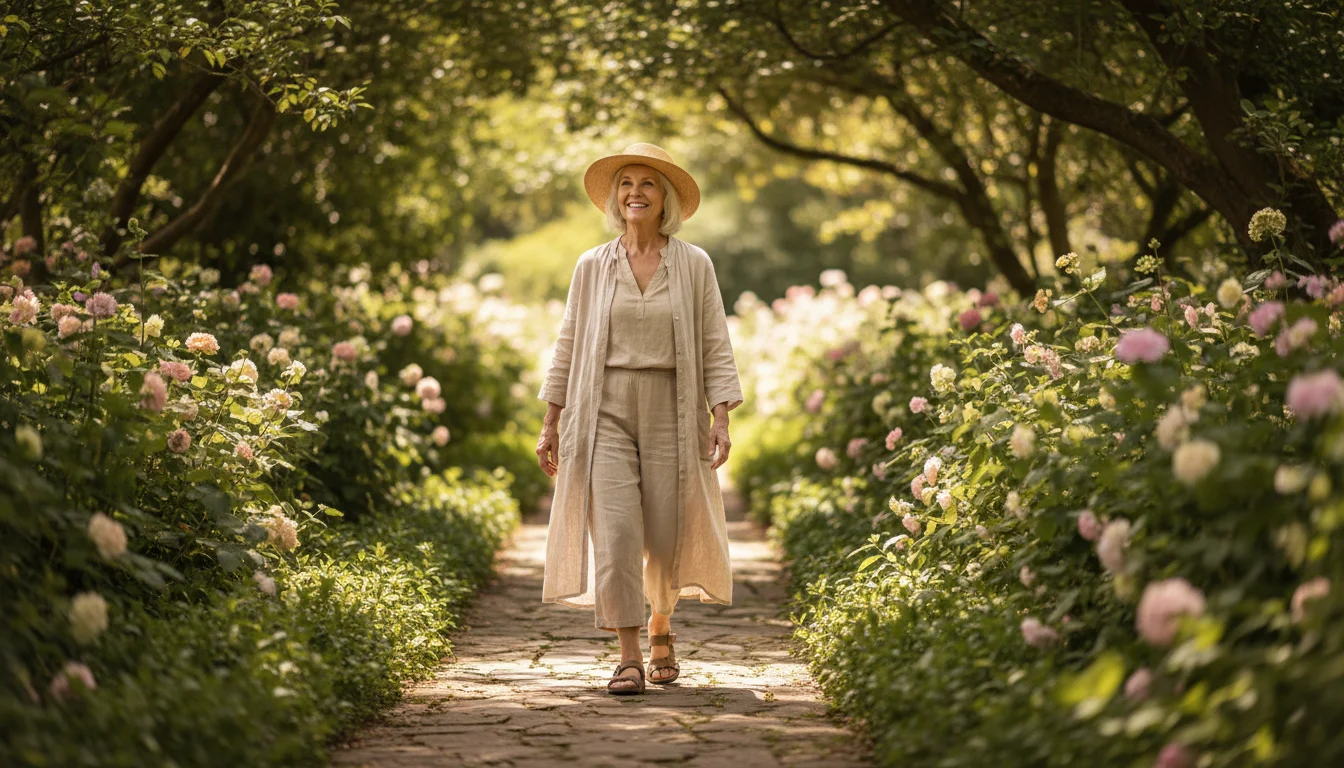 An older woman with silver hair walks on a garden path, smiling gently, looking ahead.