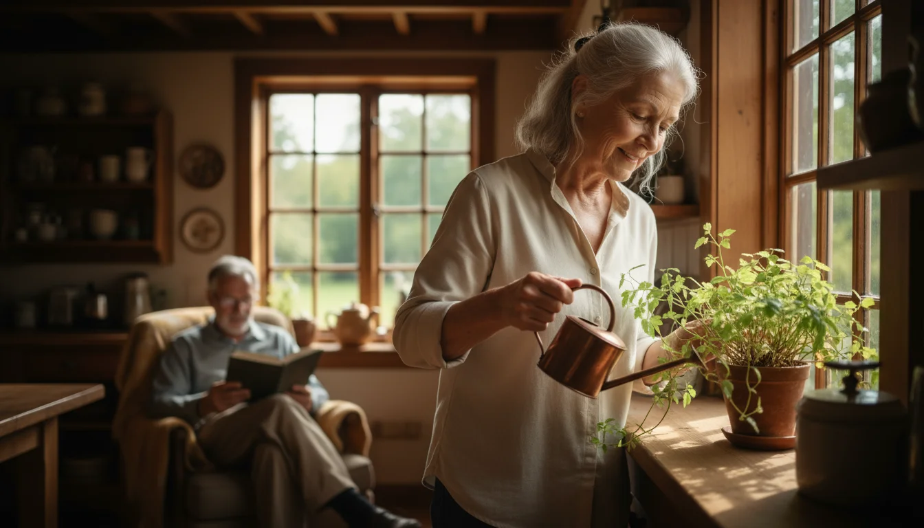 An older woman with silver hair waters a potted plant on a sunny windowsill, smiling peacefully. An older man reads nearby in an armchair.