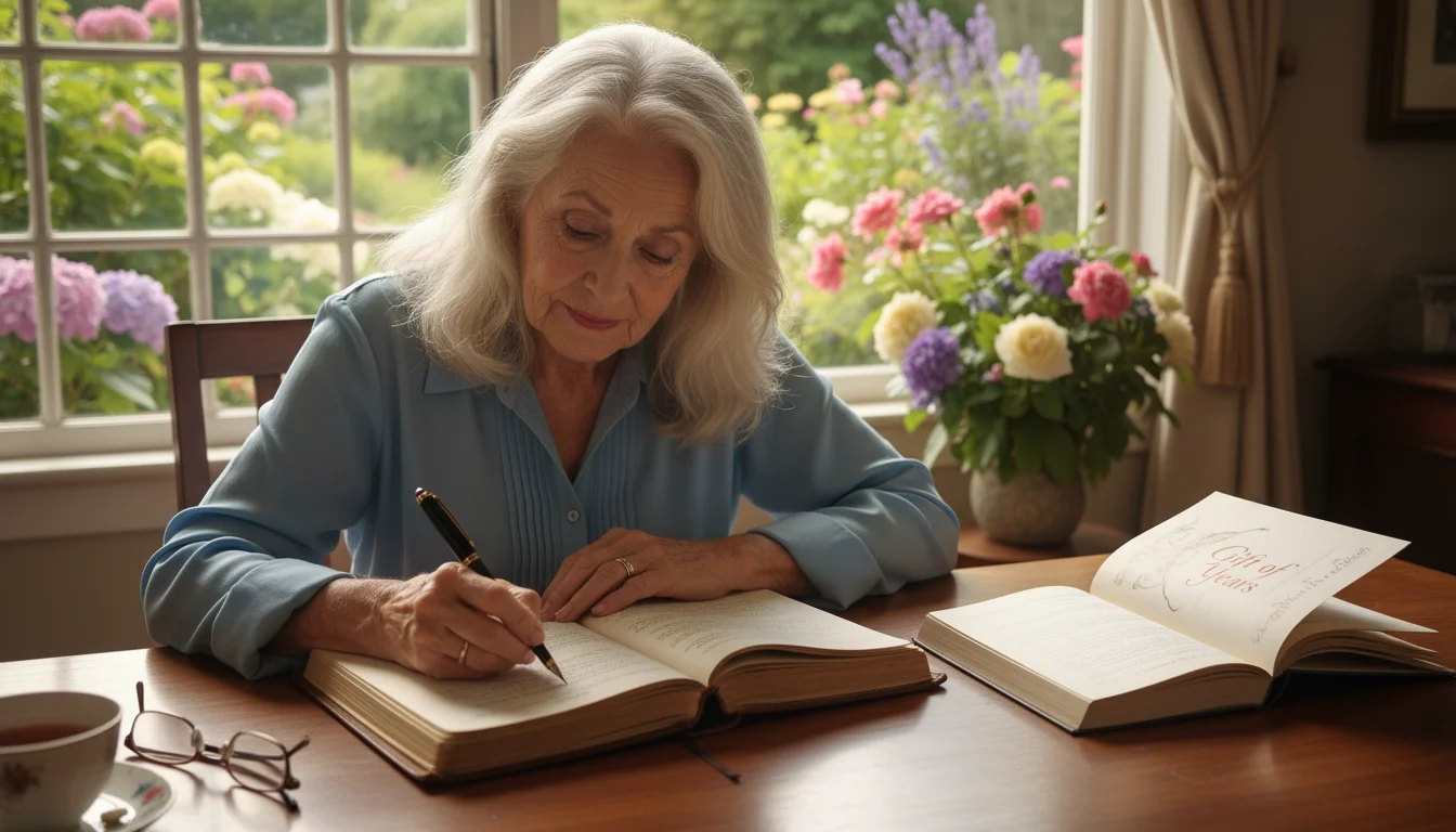 An older woman with silver hair writes in a journal at a wooden desk by a window overlooking a garden.