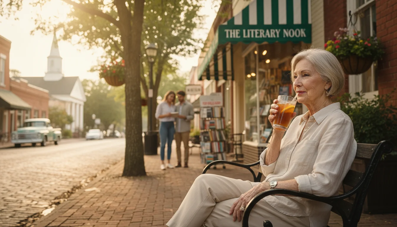 An older woman sips iced tea on a park bench in a quiet, sunlit Mississippi small town street with a bookstore.
