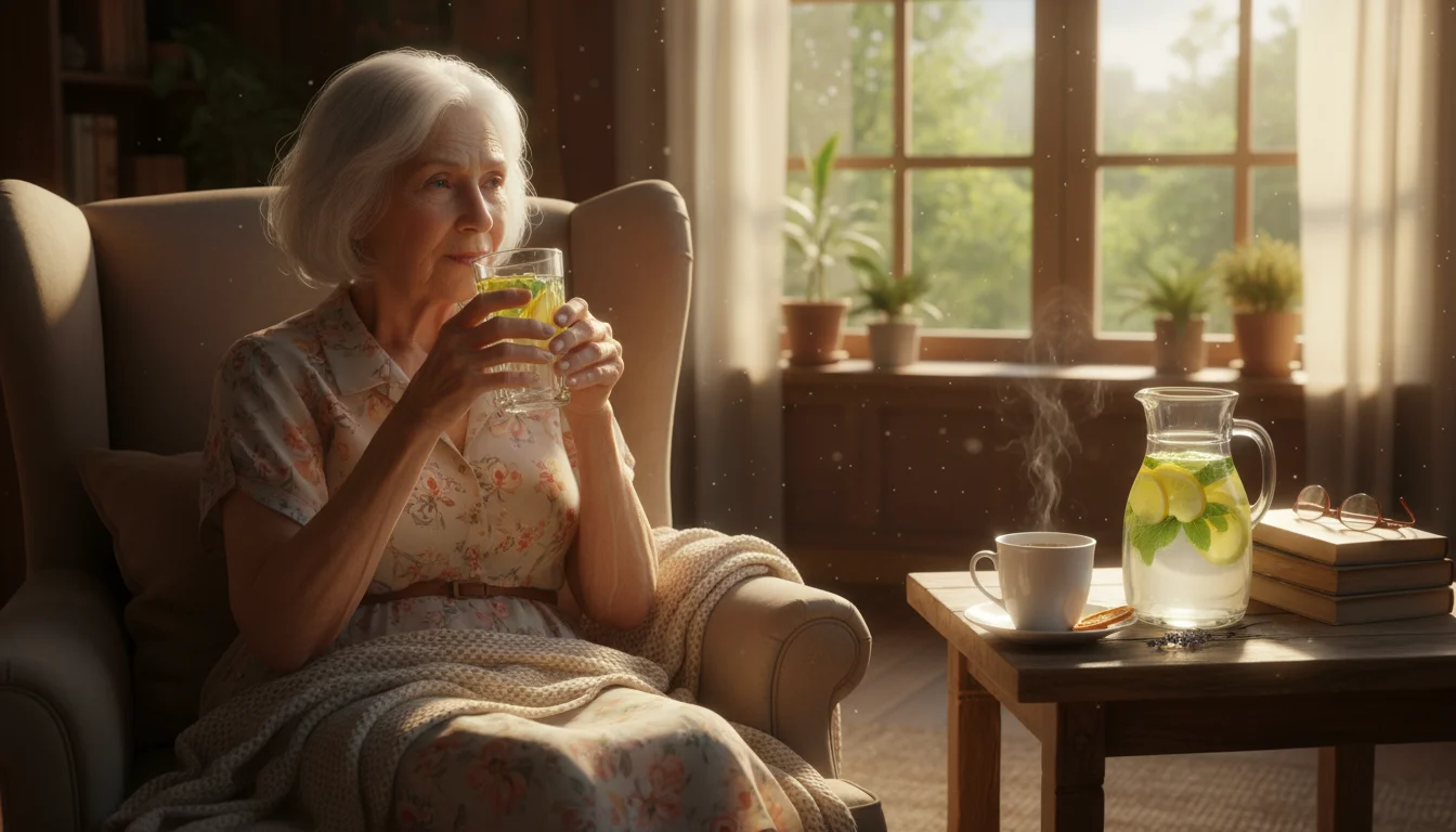 An older woman sips lemon-mint infused water by a window, with a carafe of flavored water and a tea mug nearby.
