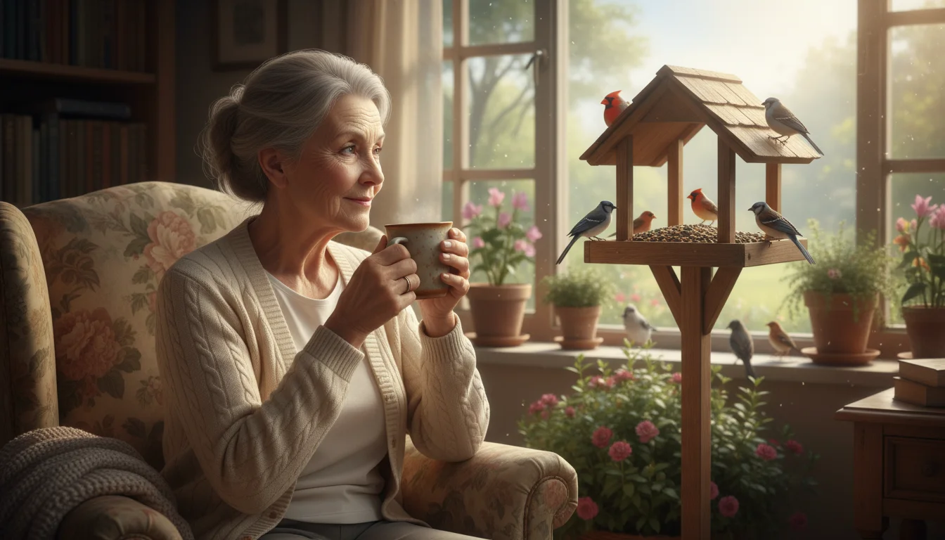 An older woman sips from a mug while looking out her window, enjoying a peaceful morning in her comfortable living room.