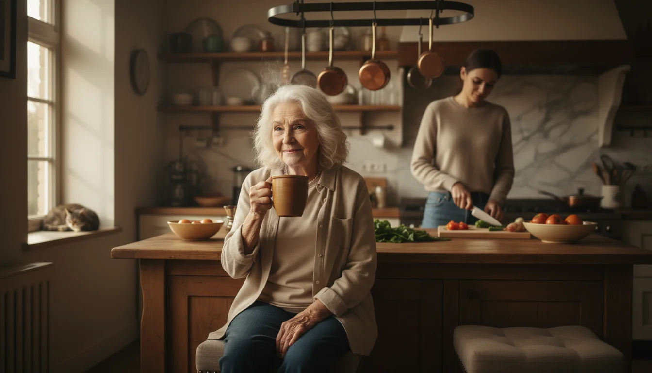 An older woman sips tea at her kitchen island, watching a younger adult prepare food in the background of their shared, sunlit kitchen.