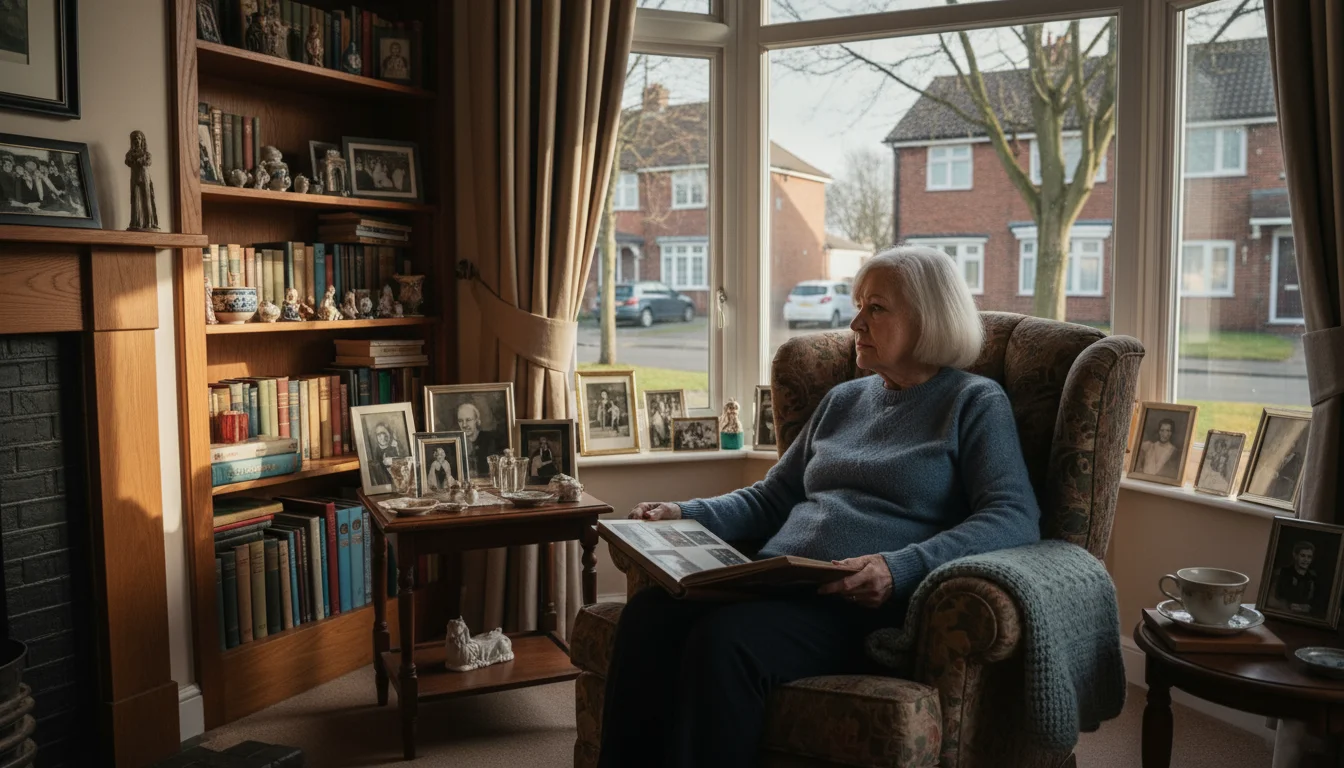 An older woman sits in an armchair, holding an open photo album, looking out a window in her spacious living room.
