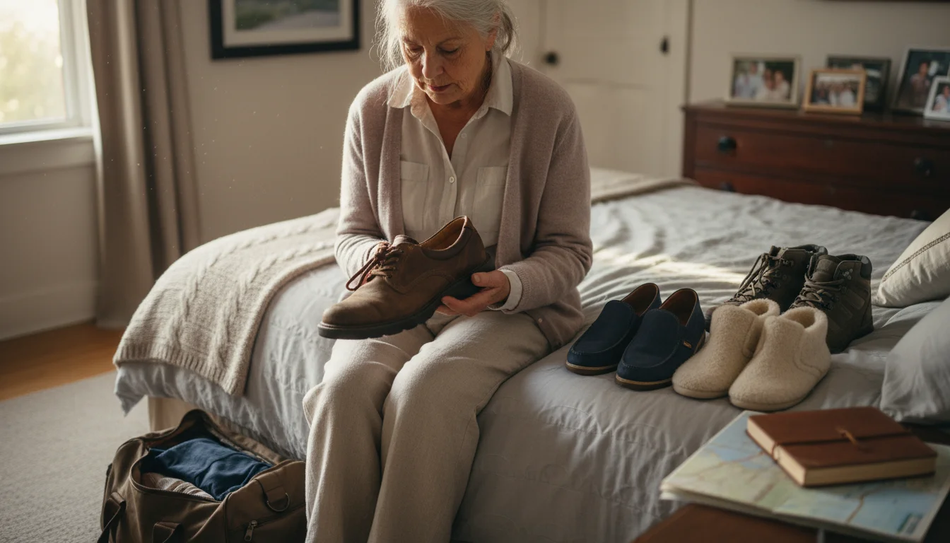 An older woman sits on a bed, holding a pair of comfortable walking shoes. Other shoes and slippers are next to her.
