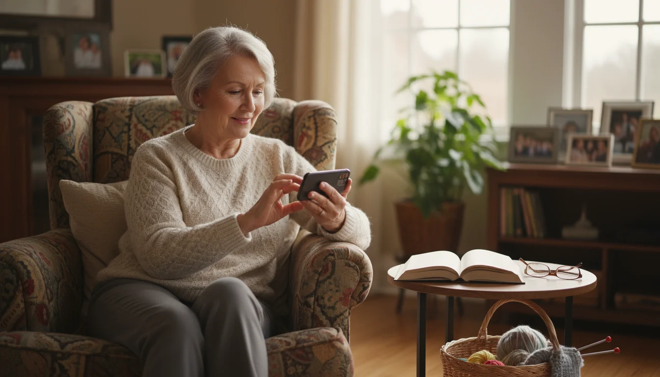 An older woman (70s) sits comfortably in her home, typing a text message on her smartphone with a gentle smile.