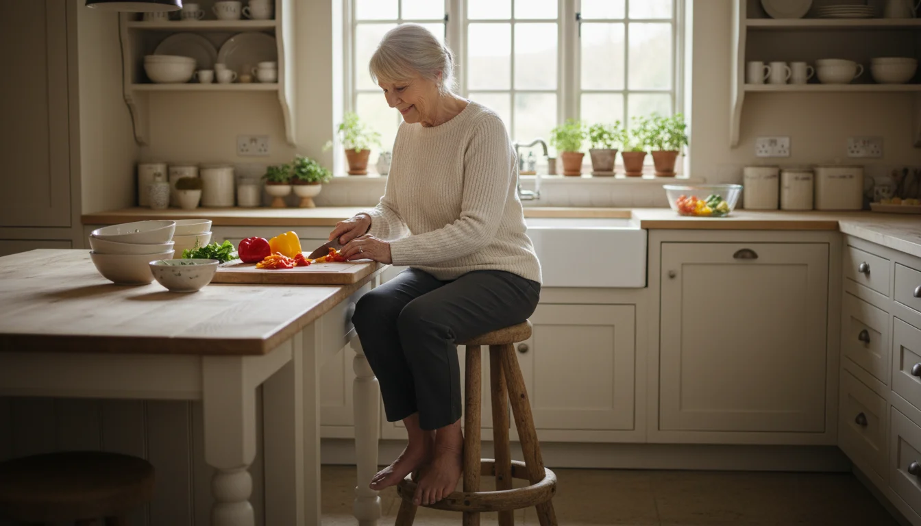 An older woman sits comfortably on a stool at a kitchen counter, dicing bell peppers on a cutting board with tools nearby.