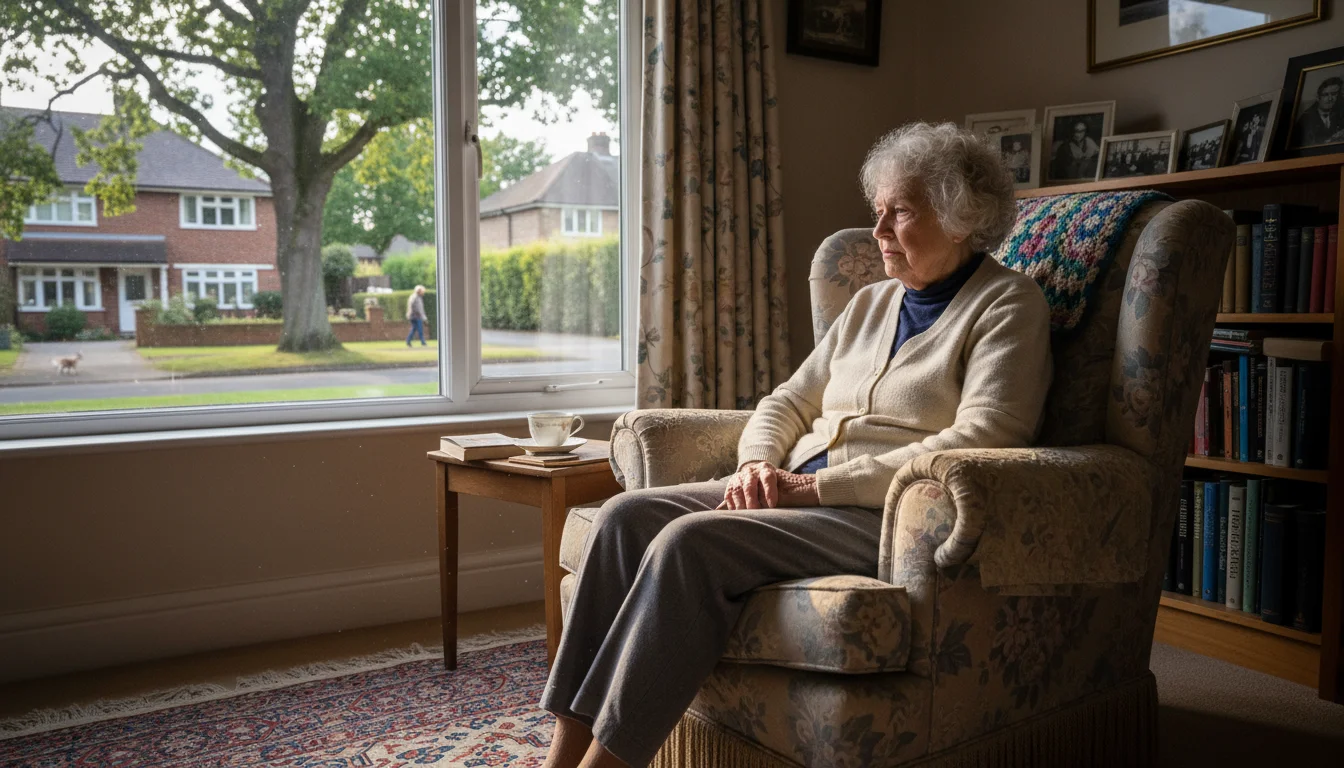 An older woman sits contemplatively in an armchair, looking out a window at a quiet, sun-dappled suburban street.