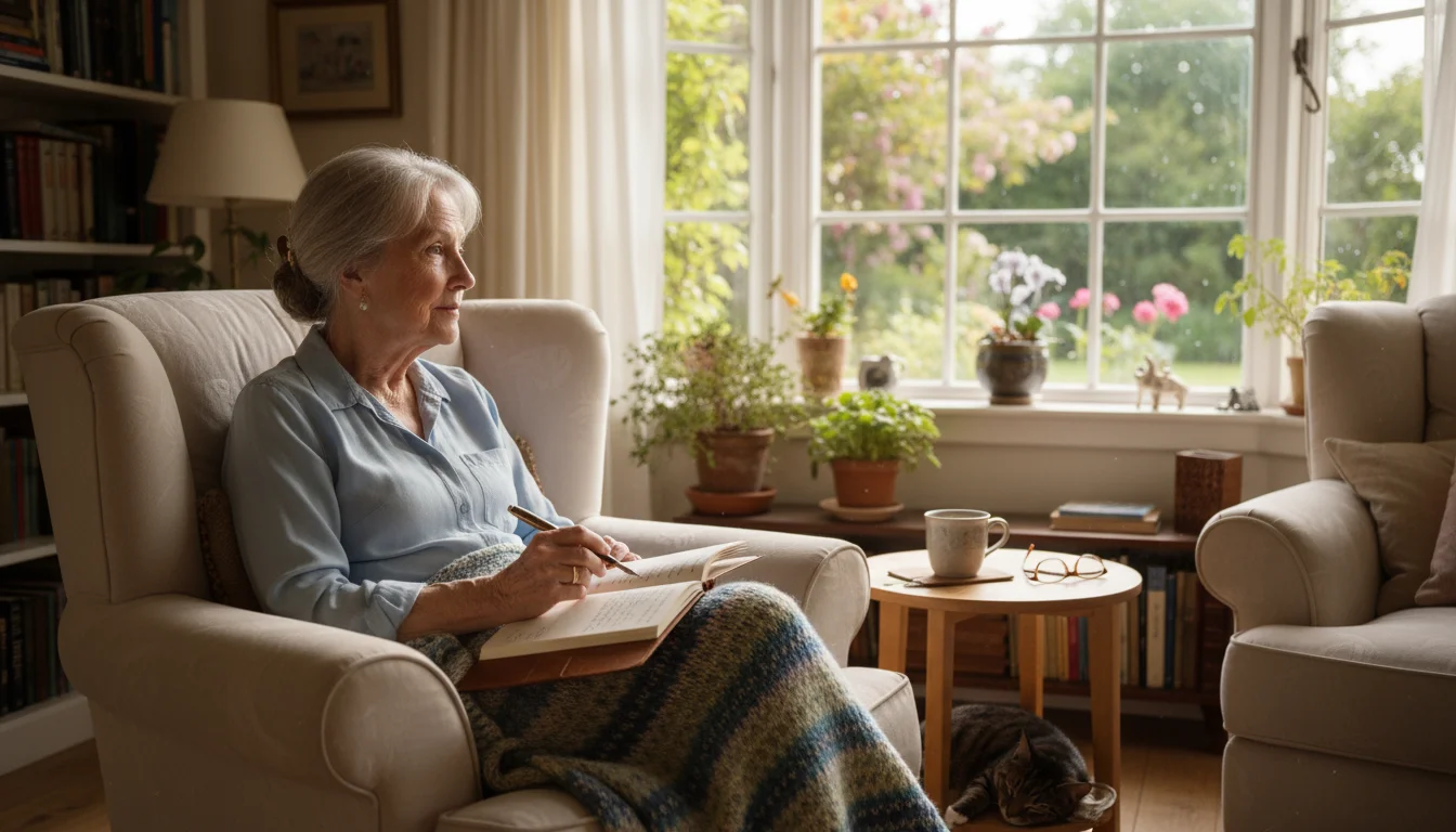 An older woman sits contemplatively in a cozy armchair, holding a pen over an open notebook, with a cup of tea nearby.