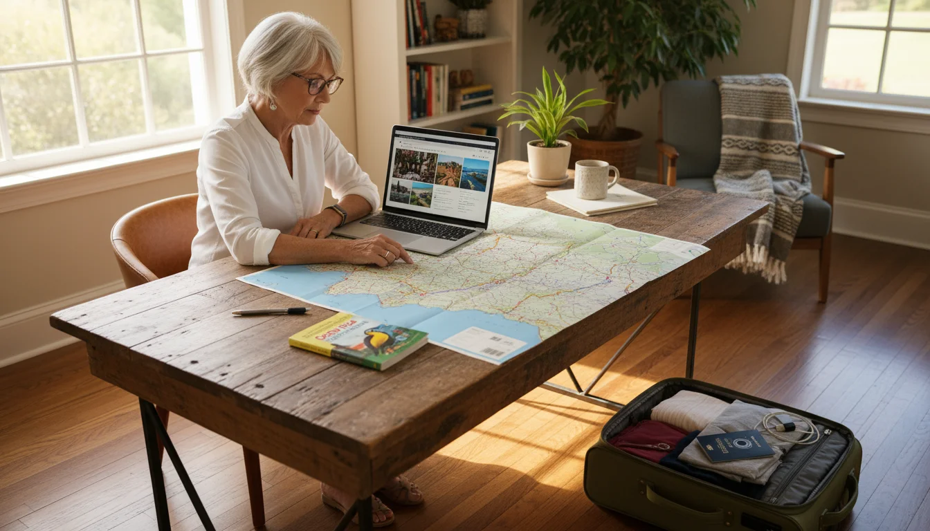An older woman sits at a desk, looking at travel blogs on a laptop with a map and guidebooks nearby, and a suitcase in the corner.