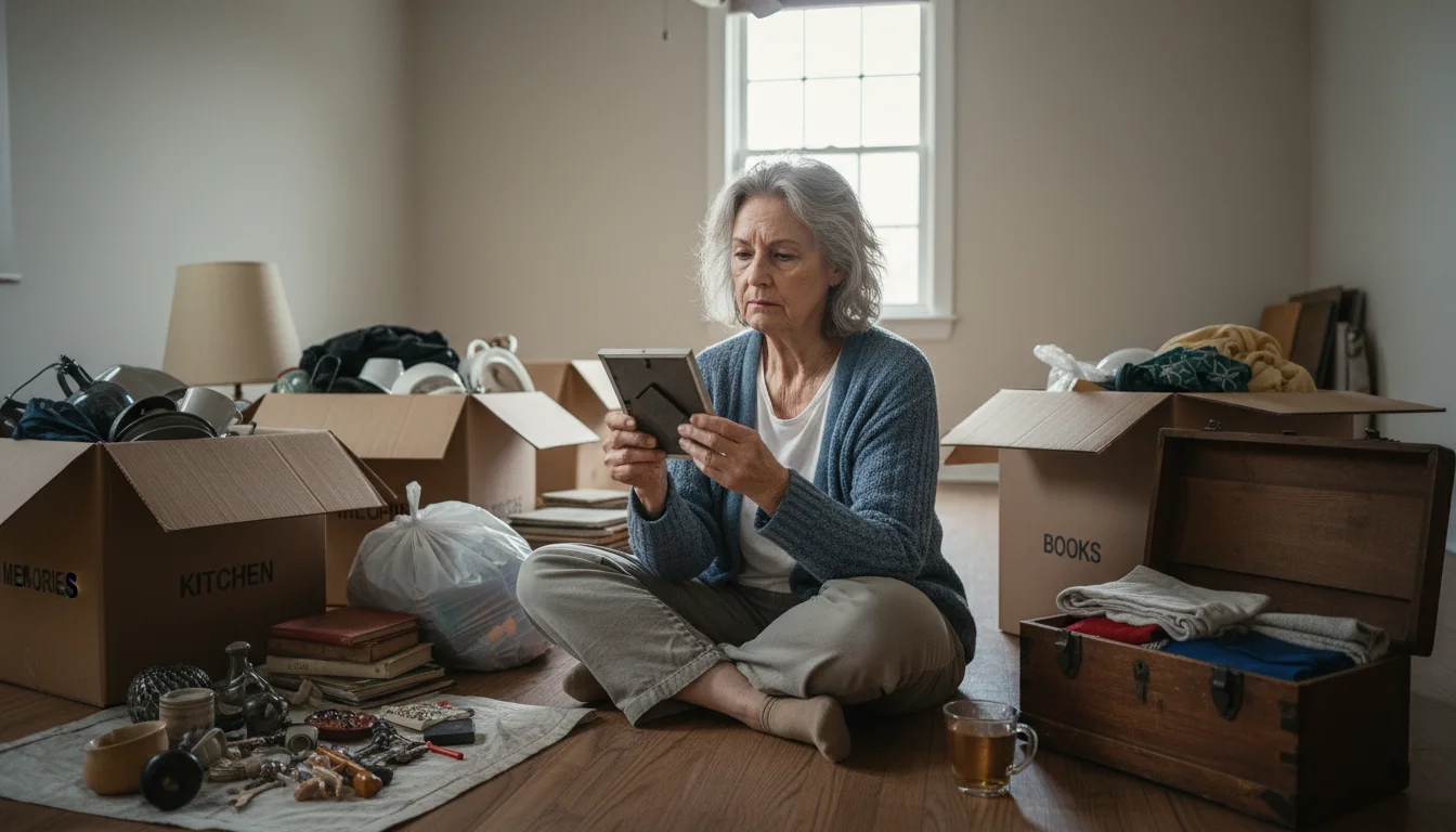 An older woman sits on the floor surrounded by open boxes and items, holding a framed photo and contemplating her choices for moving.