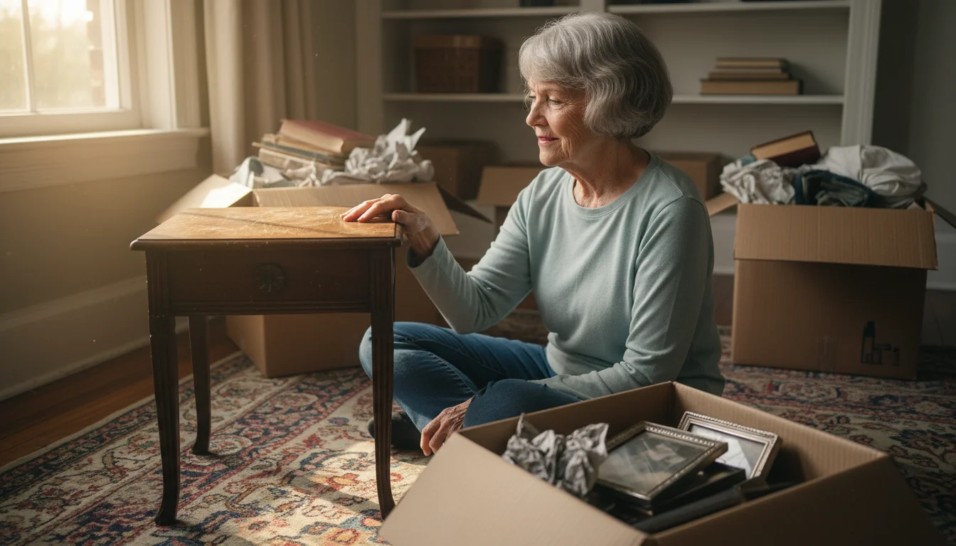 An older woman sits on the floor, thoughtfully examining a small antique wooden table amidst decluttering boxes and documents.