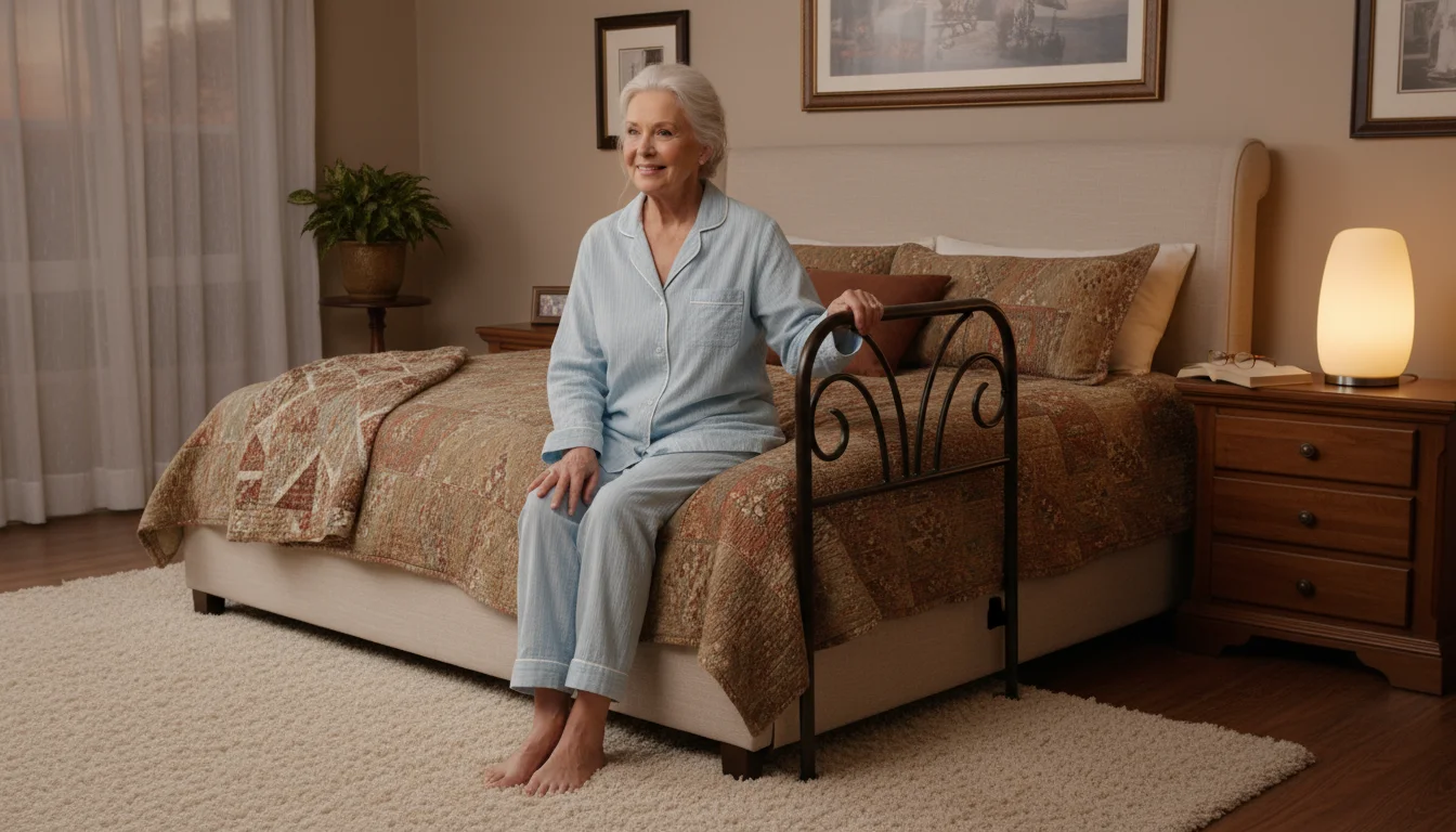 An older woman sits on her bed with feet flat on the floor, hand on a bedside rail, beside a nightlight-lit clear path.