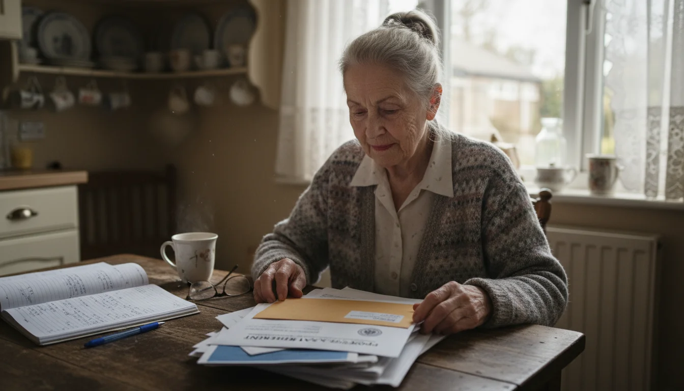 An older woman sits at her kitchen table, reviewing property tax documents and handwritten notes with a focused, calm expression.
