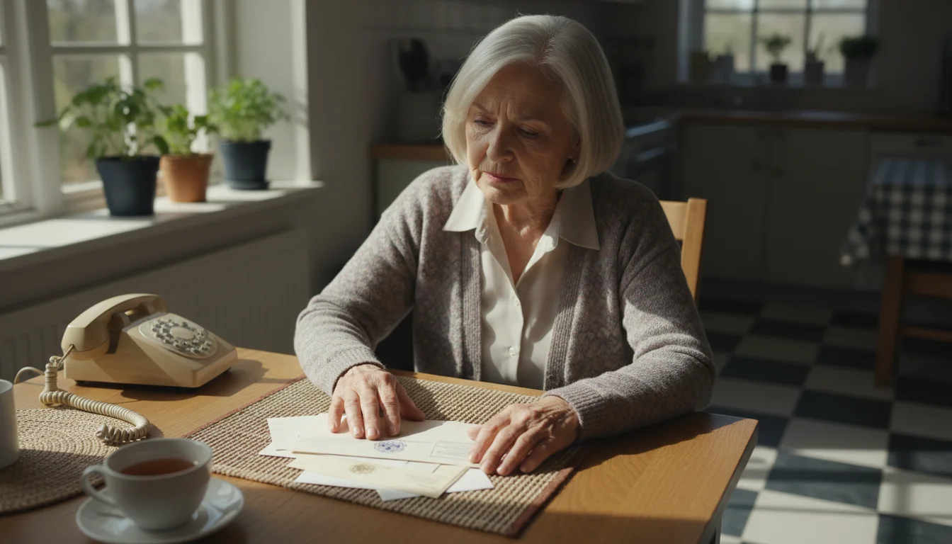An older woman sits at her kitchen table, looking thoughtfully at unopened official-looking mail after a phone call.