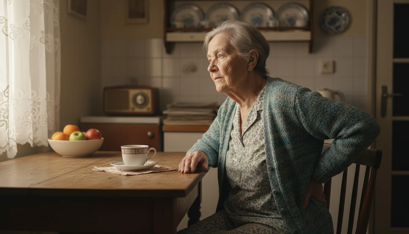 An older woman sits at her kitchen table, gently touching her lower back, a weary and thoughtful expression on her face.