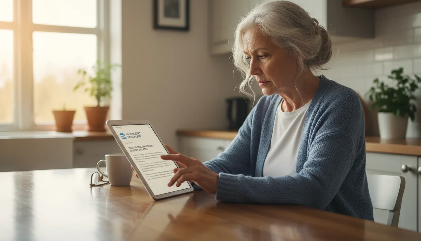 An older woman sits at a kitchen island, carefully examining a suspicious email on her tablet, her hand hovering, not clicking.