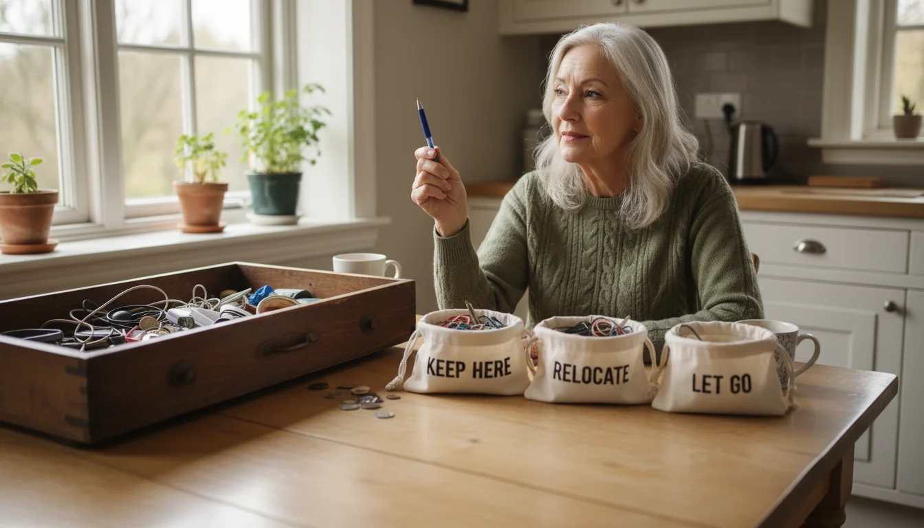 An older woman sits at a kitchen table, organizing a drawer. She holds a pen, with three labeled bags for 'Keep Here,' 'Relocate,' and 'Let Go' next t