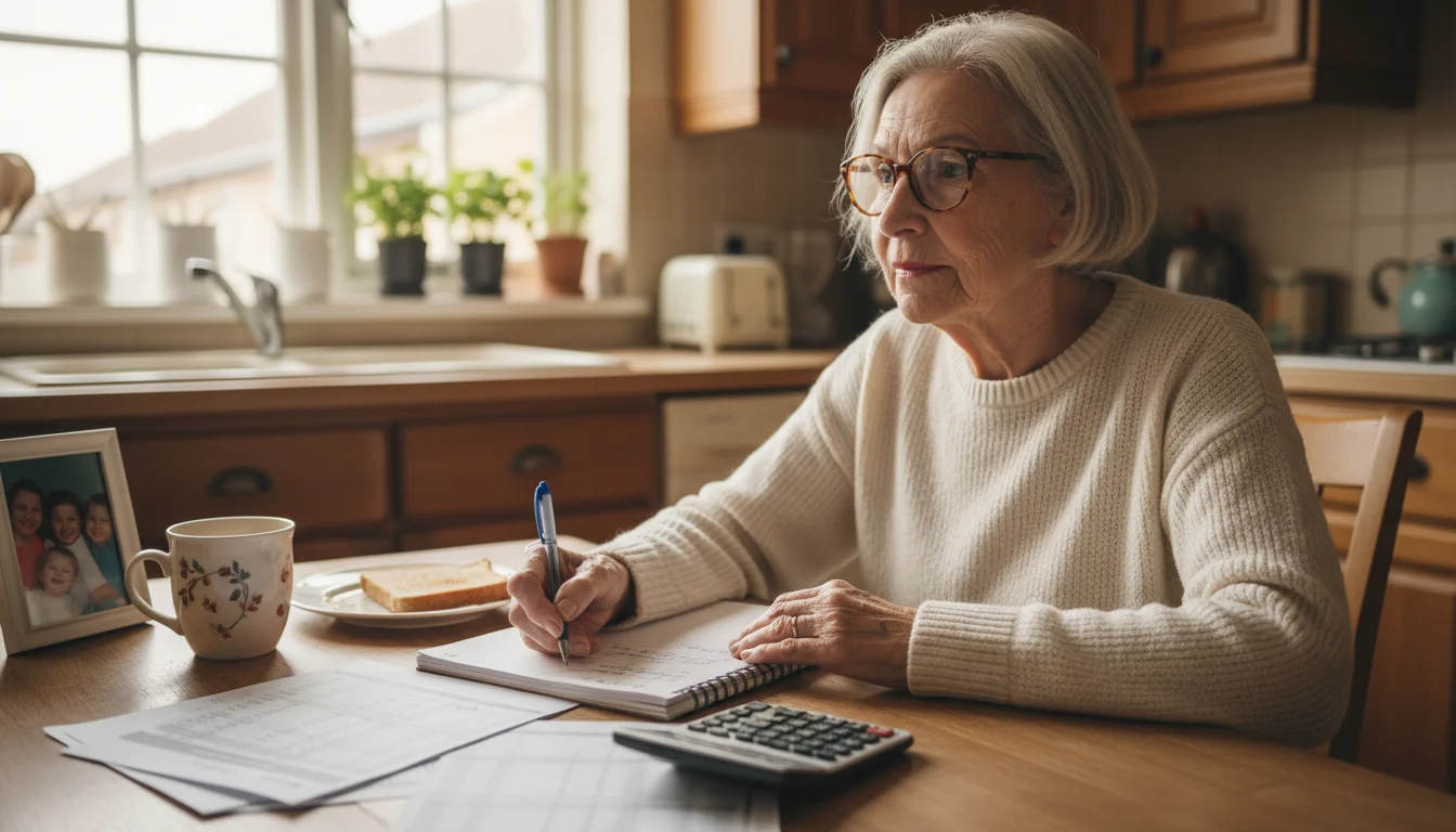 An older woman sits at a kitchen table, reviewing bank statements and writing in a notebook, planning a grocery budget.