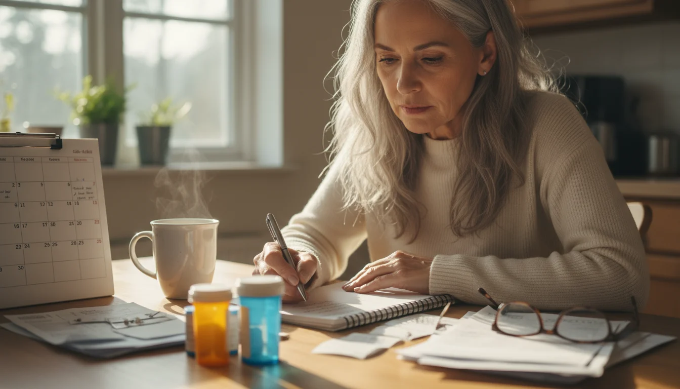 An older woman sits at a kitchen table, reviewing documents and notes. On the table are a notepad, prescription bottles, medical statements, a calenda