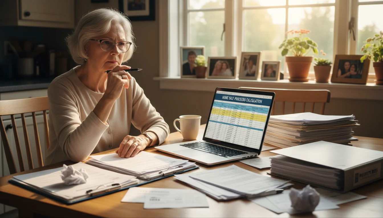 An older woman sits at a kitchen table, surrounded by papers, looking at a laptop while calculating home sale finances.