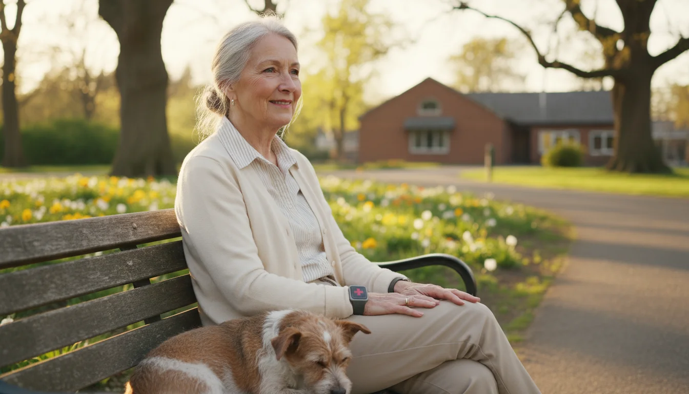 An older woman sits on a park bench with her dog, a modern medical alert wristband visible on her arm.