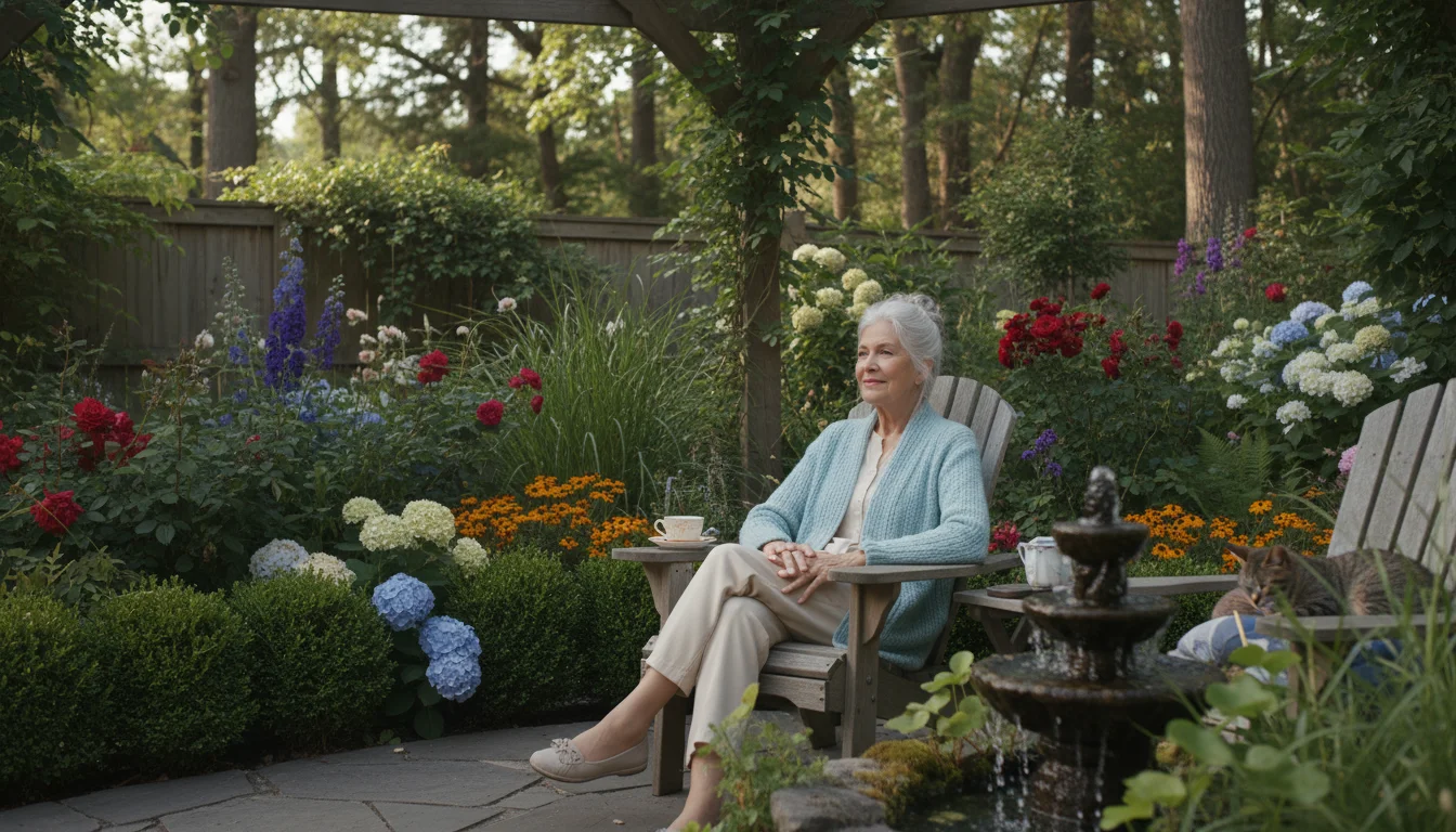An older woman sits on a patio chair, looking contentedly at her lush, well-maintained garden under soft afternoon light.