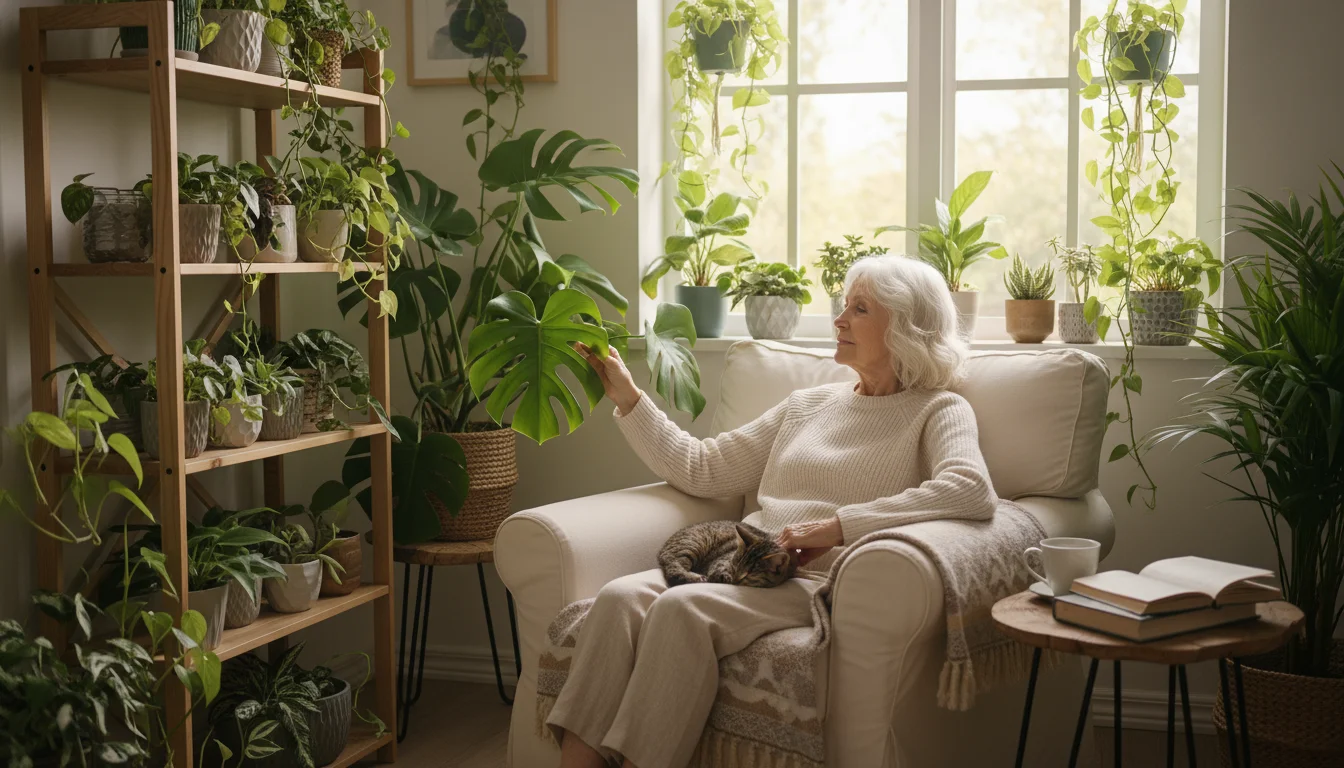An older woman sits peacefully in an armchair surrounded by various healthy indoor plants, including pothos, snake plant, and herbs.