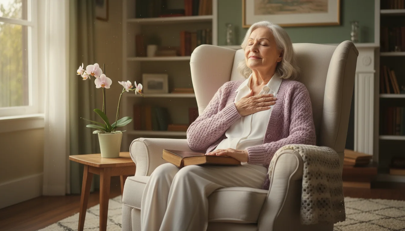 An older woman sits peacefully in a sunlit armchair, eyes closed, one hand resting gently on her lap.