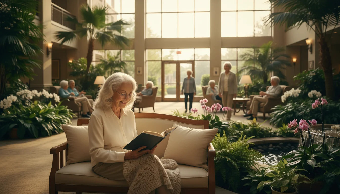 An older woman sits reading in a bright CCRC indoor atrium with plants and other seniors in the background.