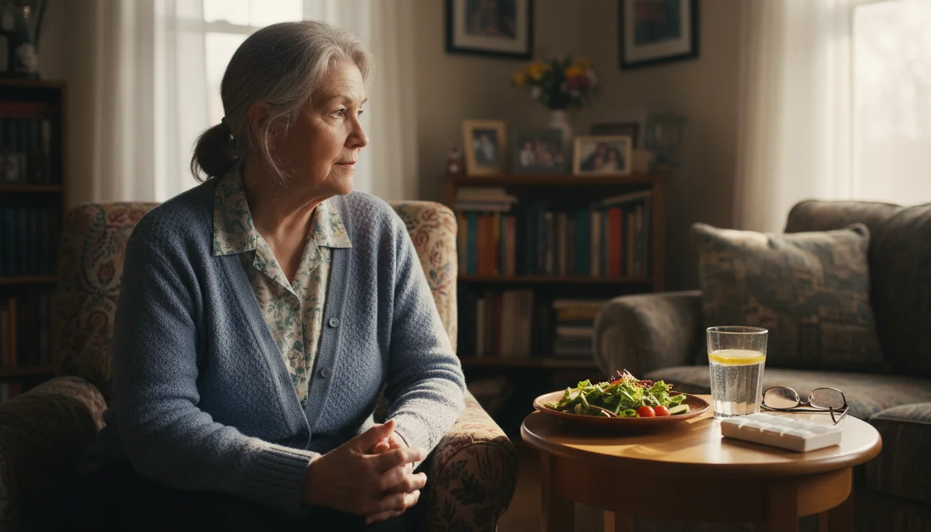 An older woman sits in a sunlit room, observing a small plate of food. A glass of water and a pill organizer are on the table next to her.