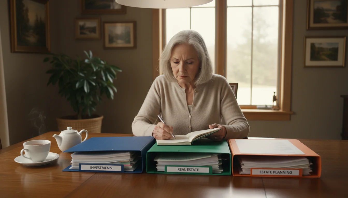 An older woman sits at a table, thoughtfully reviewing three color-coded folders with documents, holding a pen.