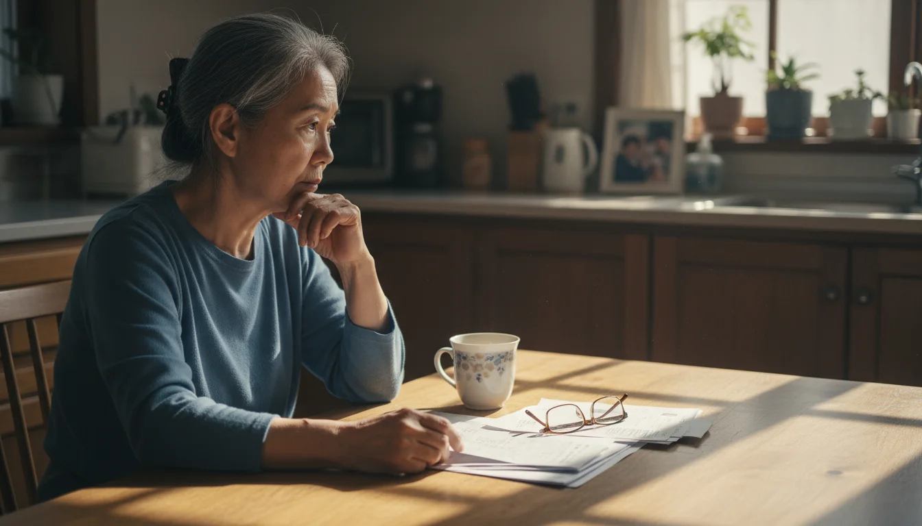 An older woman sits thoughtfully at her kitchen table, looking at financial documents next to a teacup.