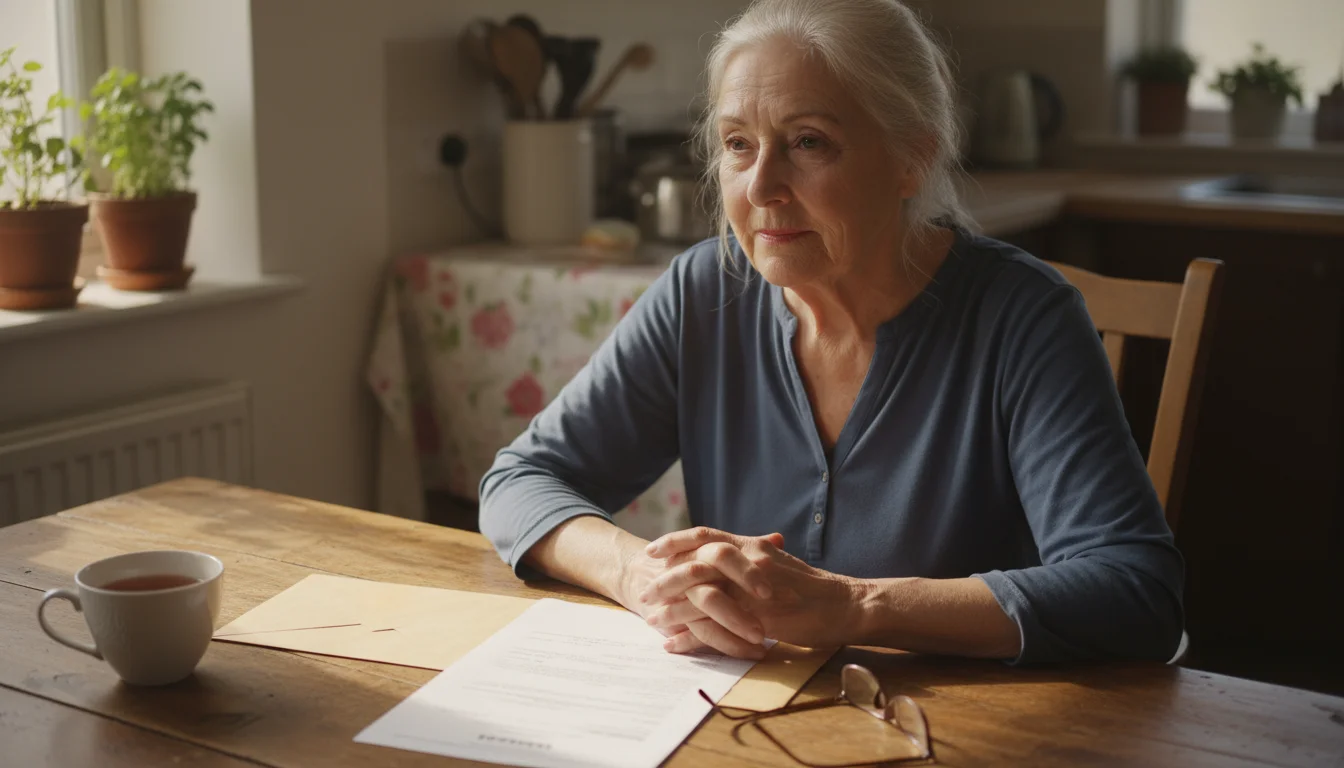 Older woman sits thoughtfully at a sunlit kitchen table, looking at official financial documents, with a teacup nearby.