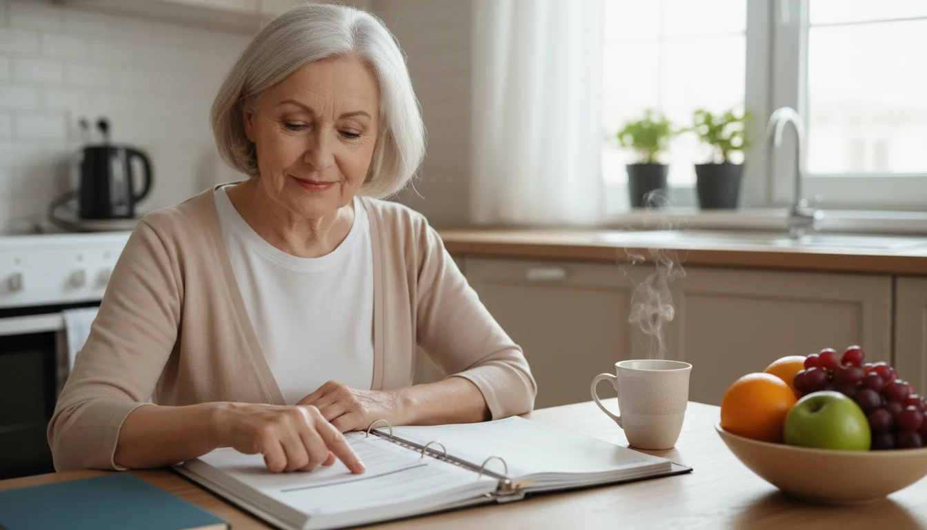 An older woman sits at a tidy kitchen table, smiling softly while tracing a line in a financial planner, beside a cup of tea and fruit.