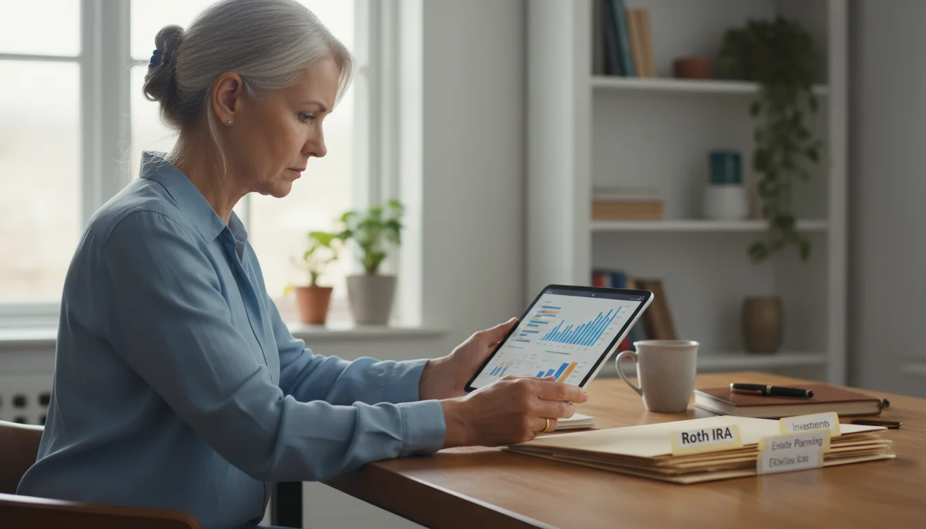 An older woman sits at a wooden desk, looking at a tablet and neatly organized financial folders.
