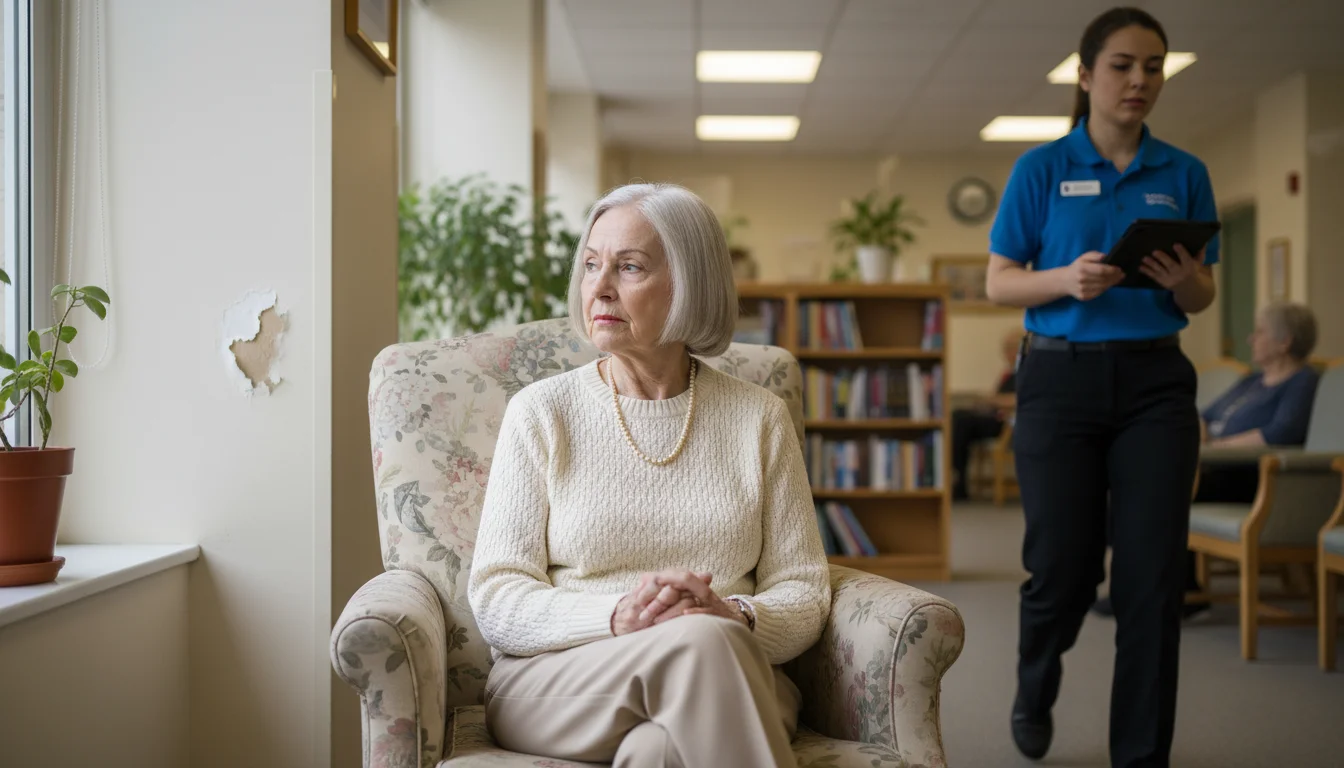 An older woman sits in a worn armchair, observing peeling paint on a wall and a hurried staff member walking by in a lounge.