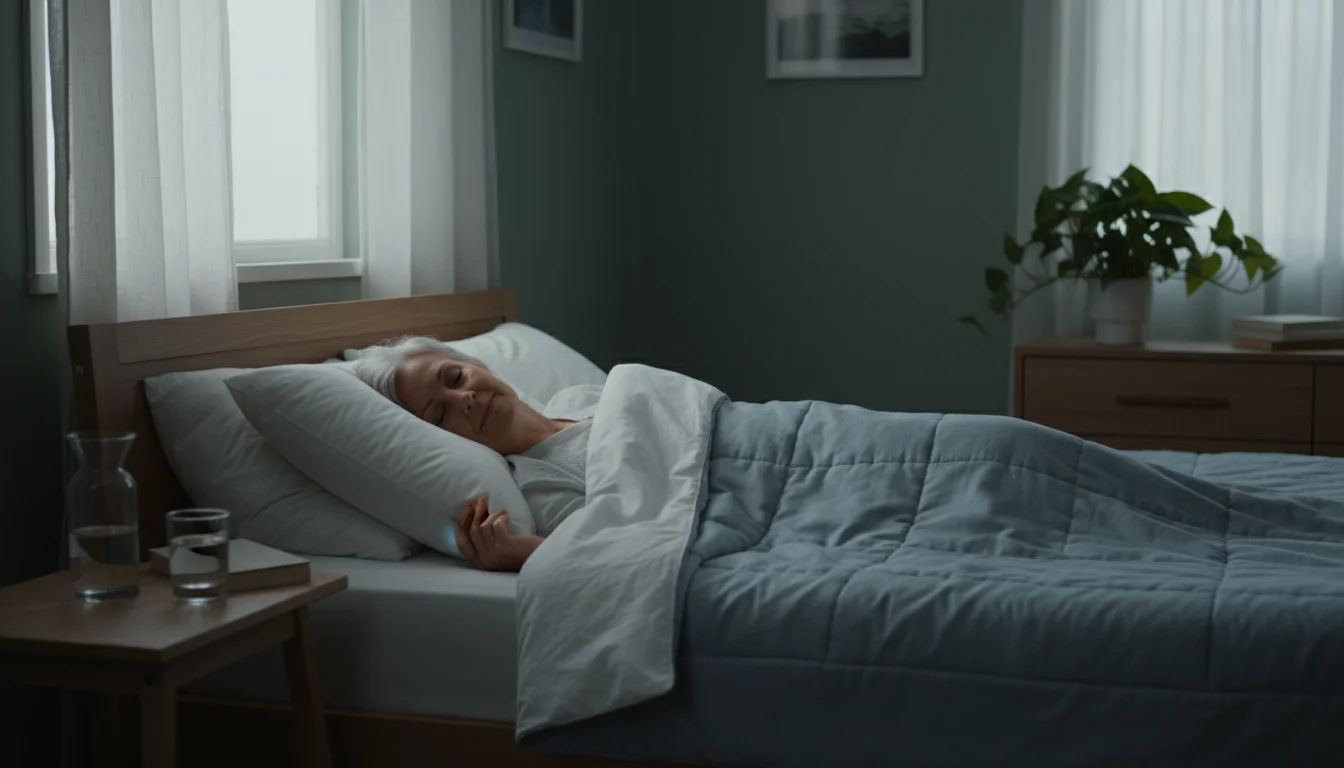 An older woman sleeps soundly in a dark, quiet bedroom, head on a pillow, covered by a duvet. A glass of water is on a bedside table.