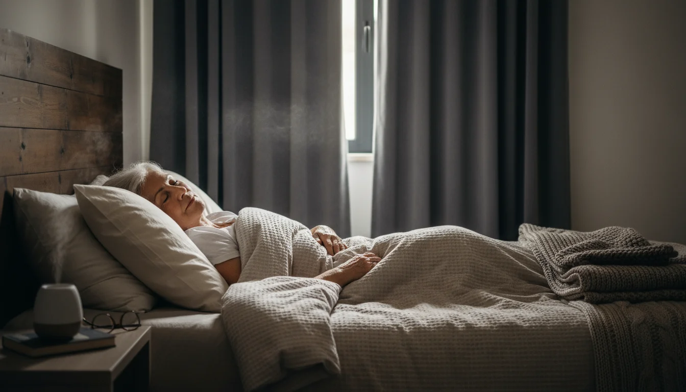 An older woman sleeps soundly and peacefully in a dim bedroom with thick, dark curtains mostly drawn.