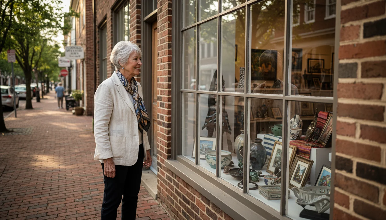 An older woman in smart-casual clothes looks into an art gallery window on a historic brick sidewalk in sunny Easton, Maryland. Historic brick buildin