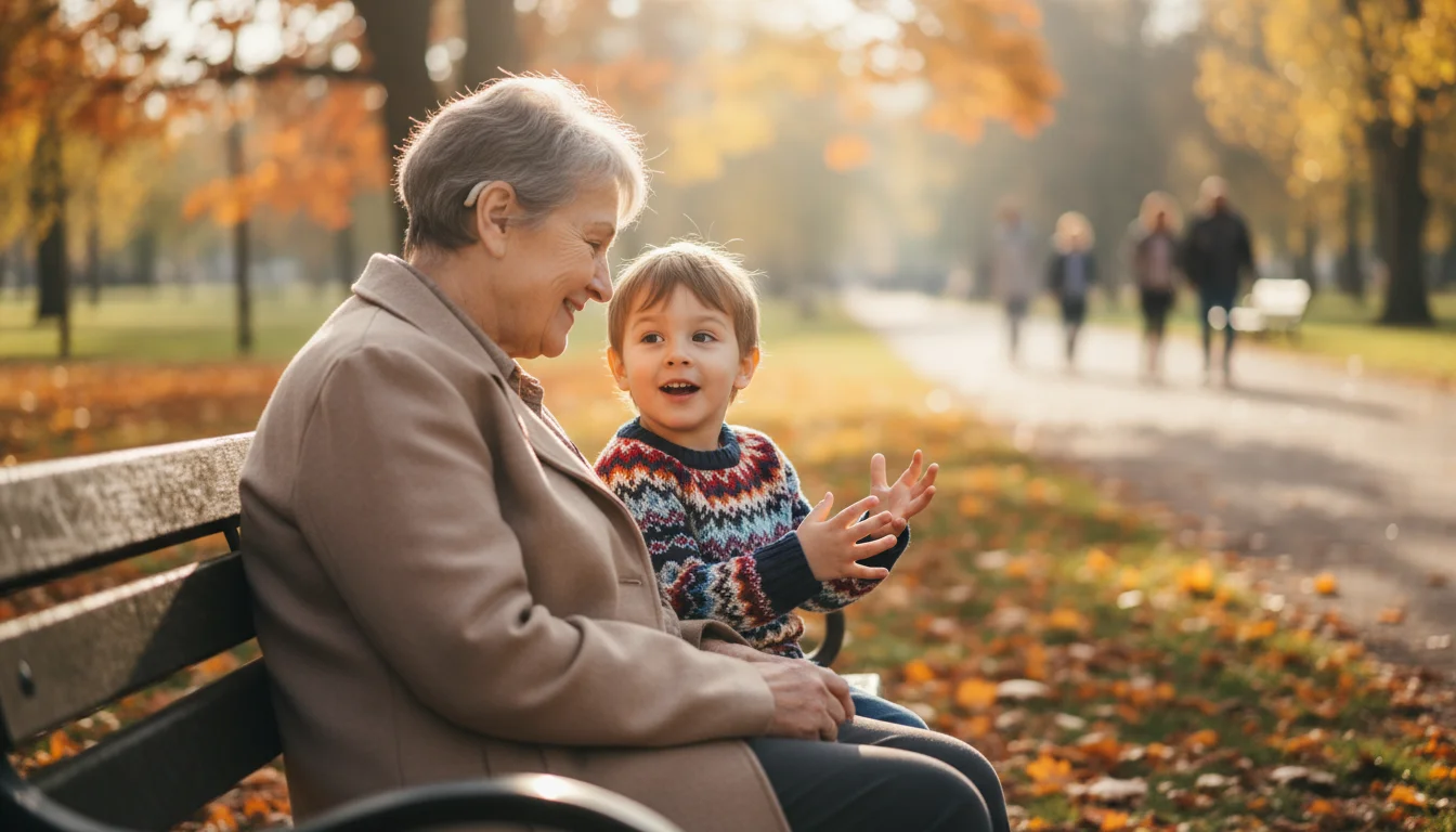 Older woman with a genuine smile and hearing aid listens intently to her excited grandchild in a sun-dappled park.