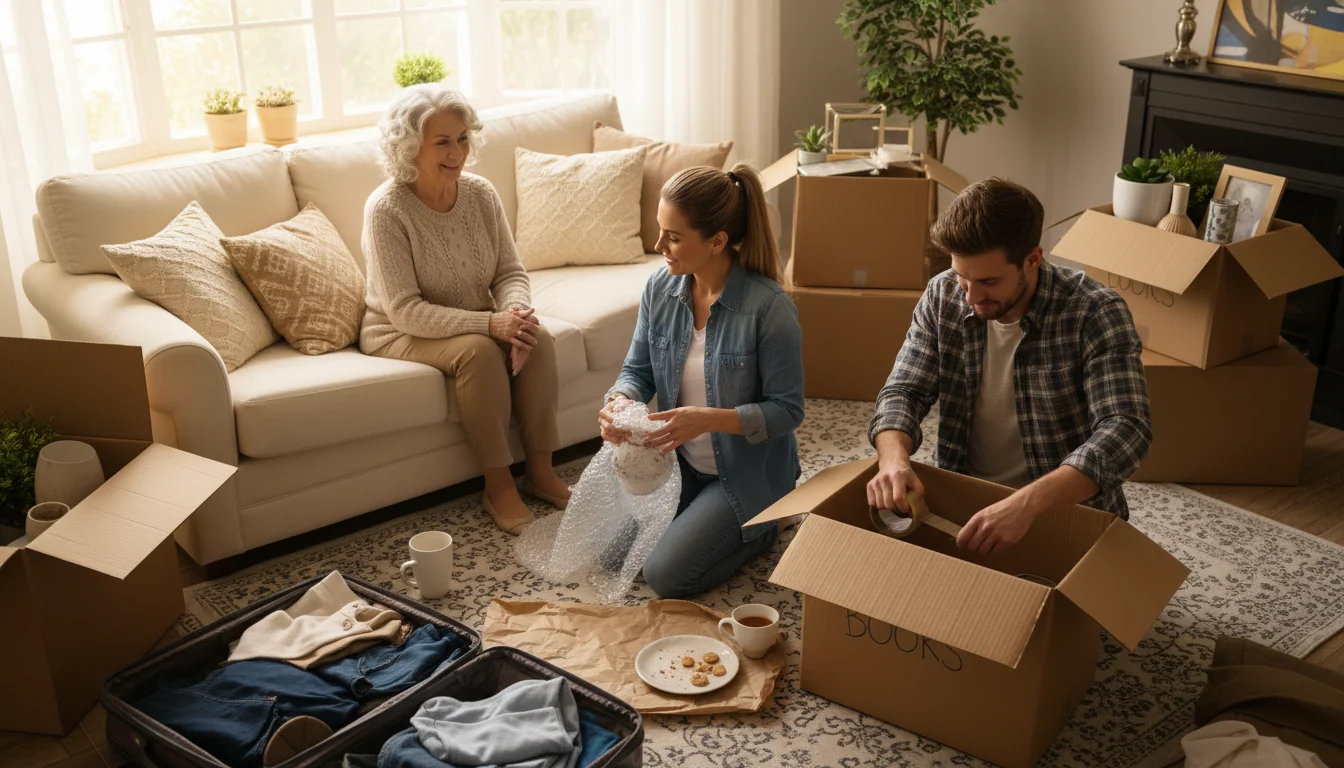 An older woman smiles from a sofa while her daughter wraps a vase and grandson tapes a box in a living room during downsizing.